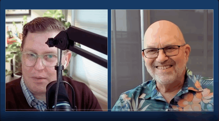 Split screen of two men, Brian Heater and Marc Raibert talking on a podcast